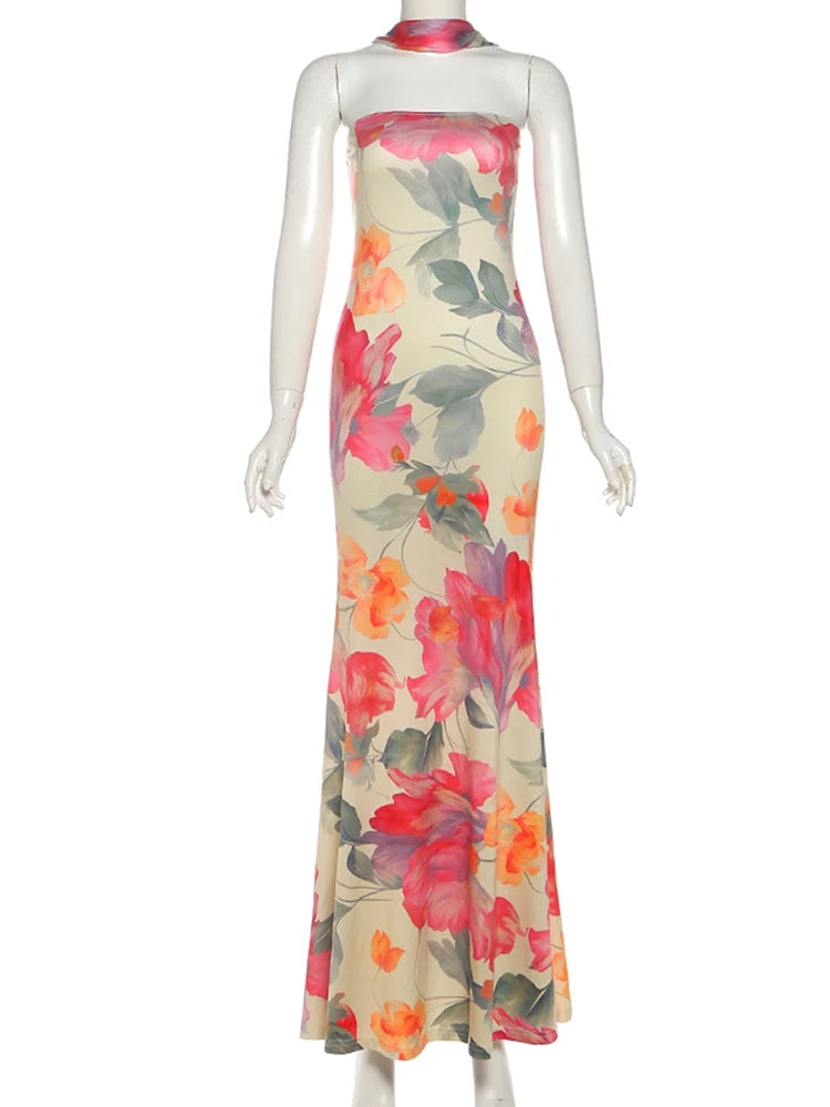Blossom Print Strapless Maxi Dress