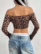 Synthetic Leopard Print Long Sleeve Crop Top