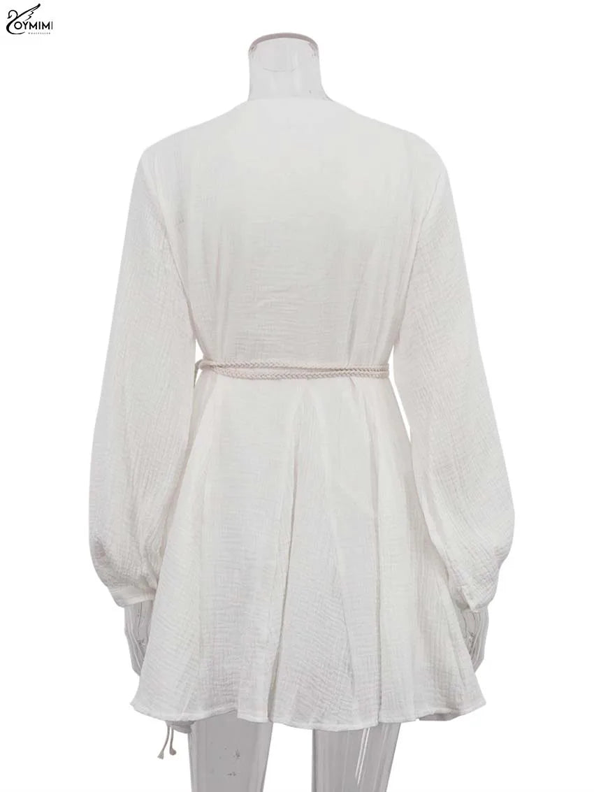 Beige Cotton V-Neck Dress