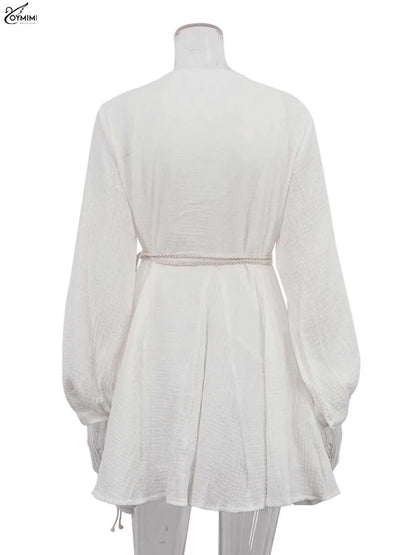 Beige Cotton V-Neck Dress
