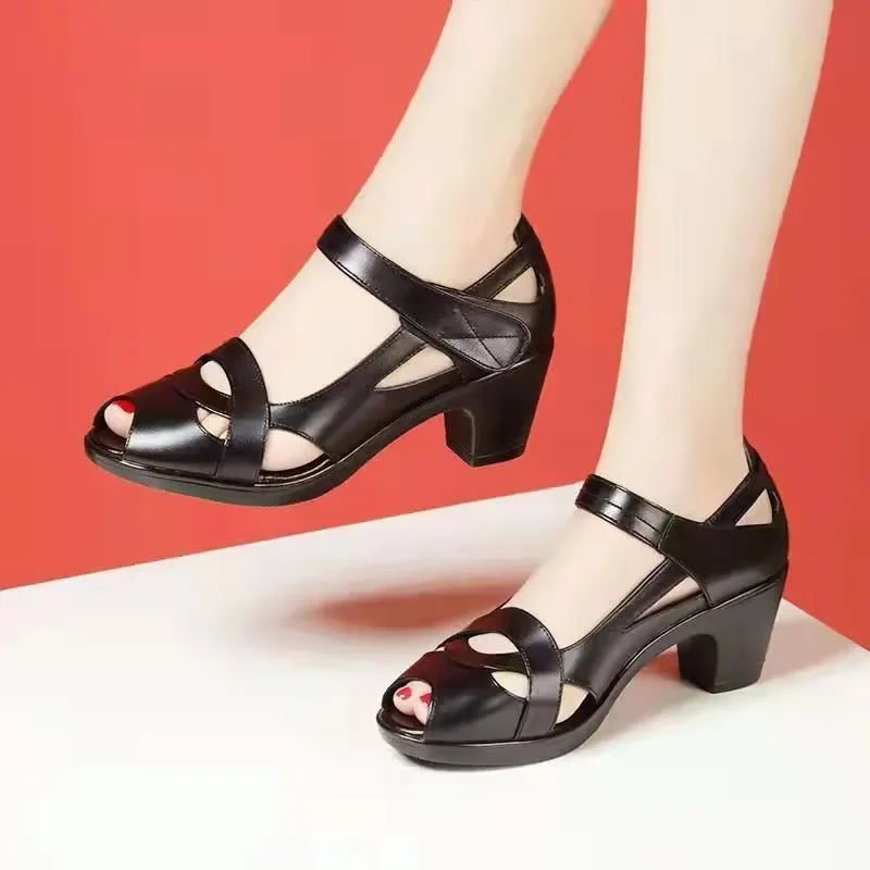 Women’s Black Leather Peep Toe Heels