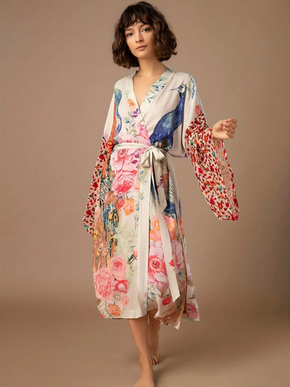 Peacock Print Beach Kimono