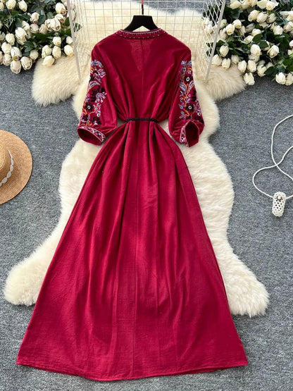 Retro Embroidered V-Neck Dress