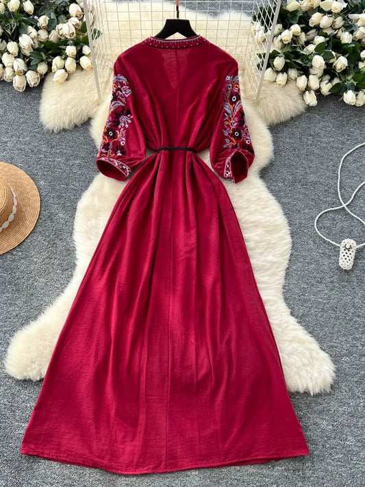Retro Embroidered V-Neck Dress