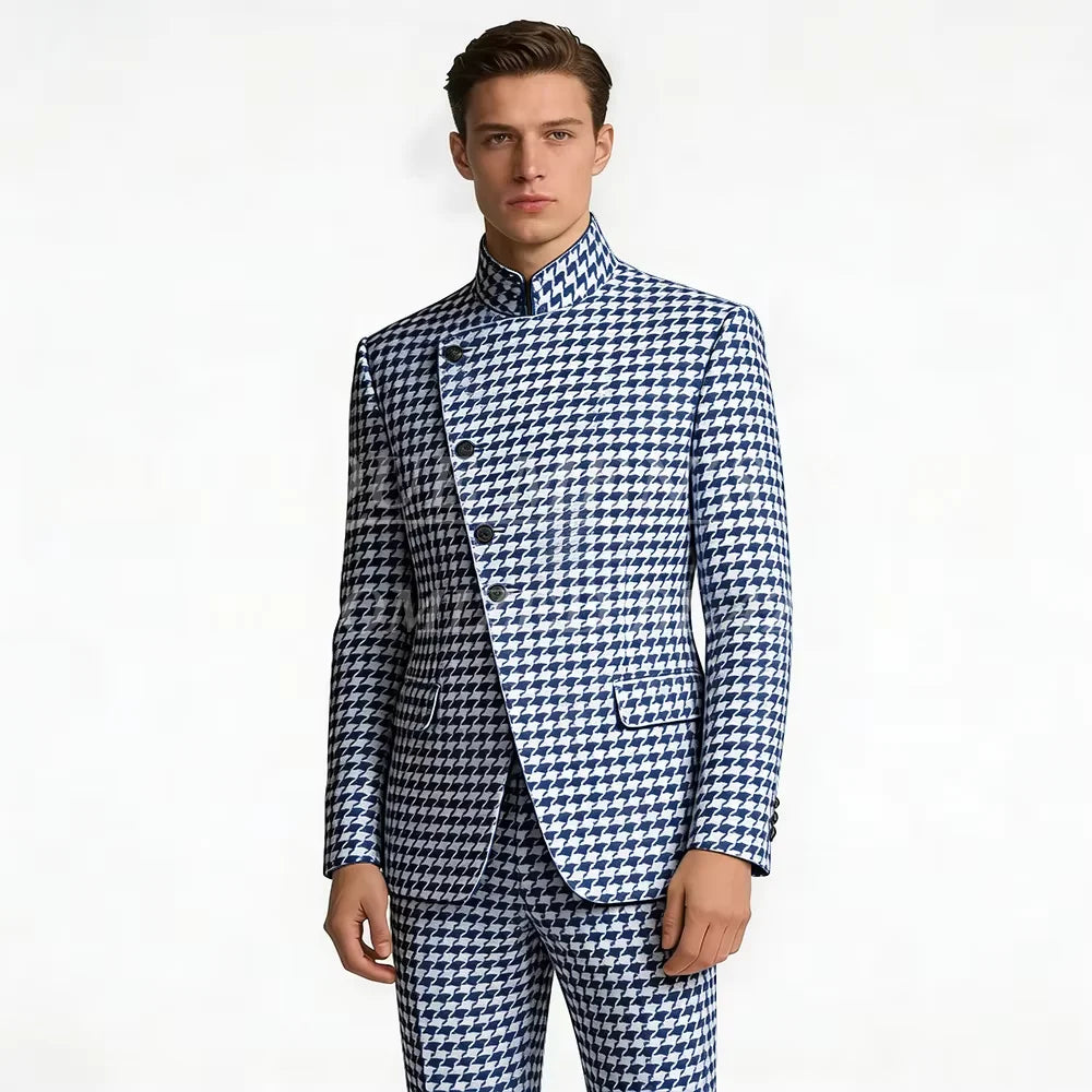 Houndstooth Mandarin-Collar Slim Suit