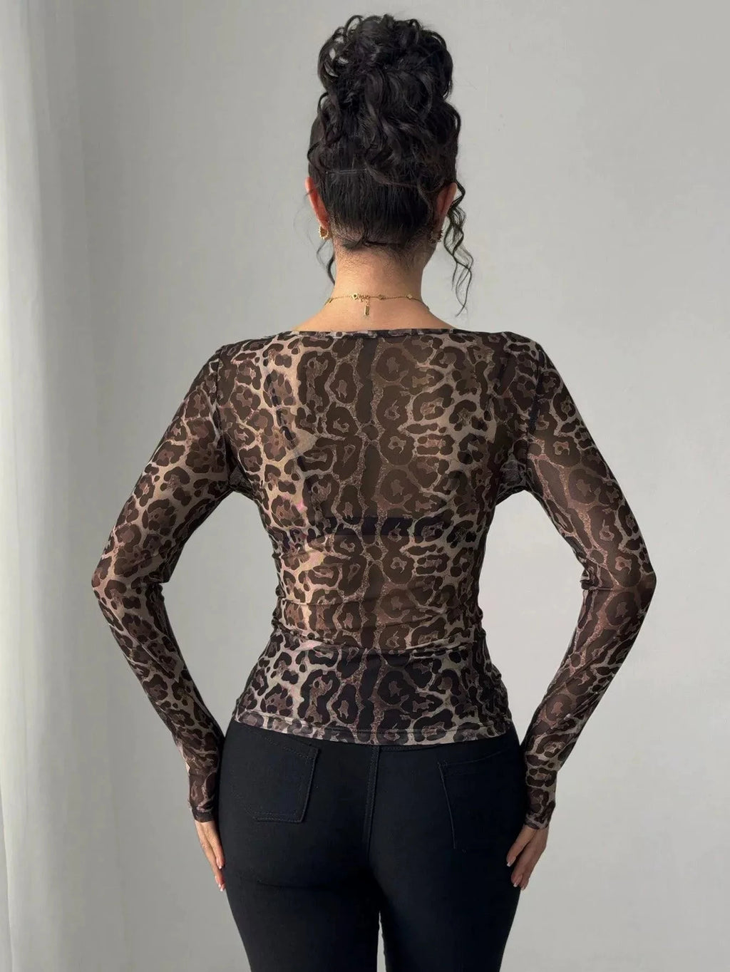 Leopard Print Sheer Long Sleeve Top