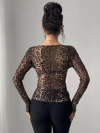Leopard Print Sheer Long Sleeve Top