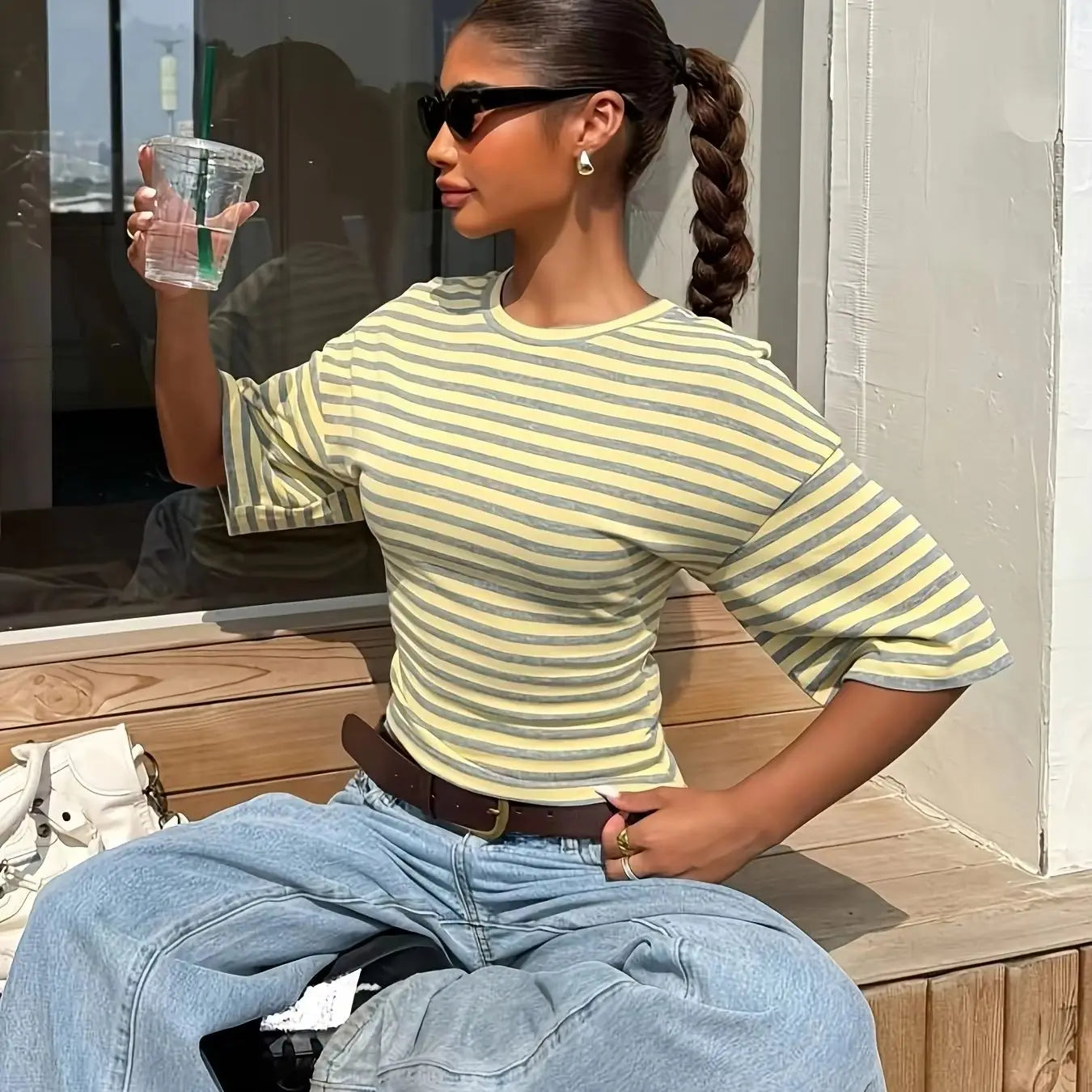Polyester Striped Short Sleeve Top