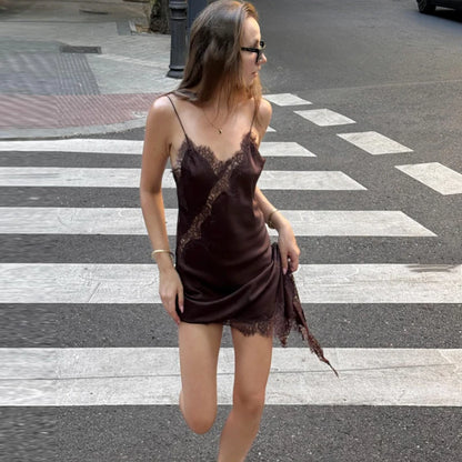 Lace Asymmetric Slip Mini Dress