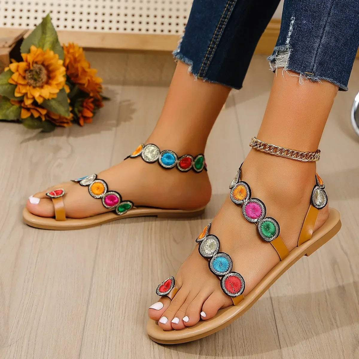 Peacock Feather Flat Sandals
