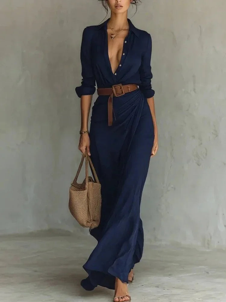 Deep V-Neck Belted Long Dress
