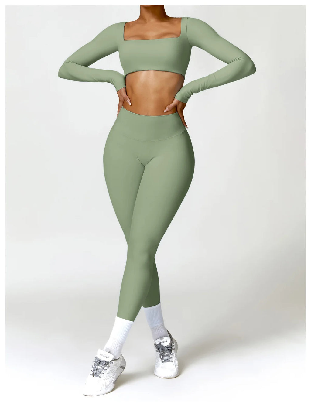 Nylon Solid Long Sleeve Two-Piece Yoga Set