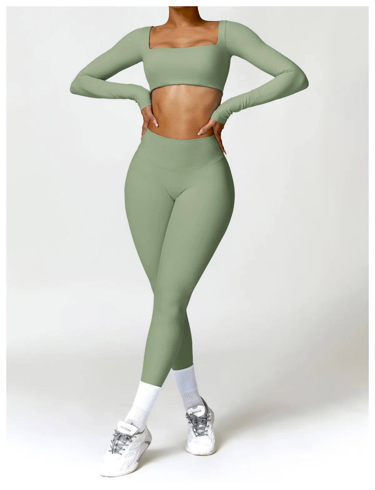 Nylon Solid Long Sleeve Two-Piece Yoga Set
