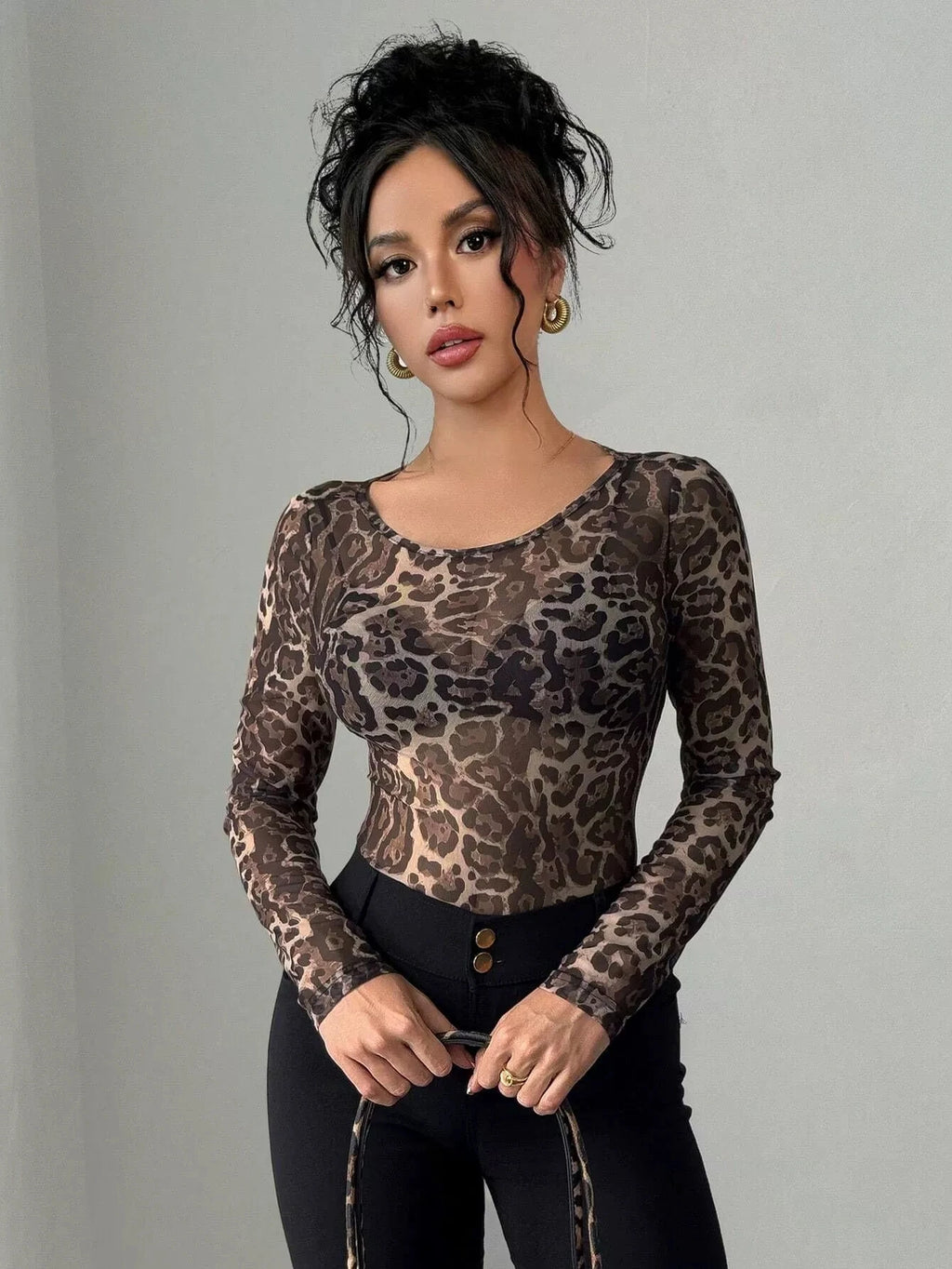 Leopard Print Sheer Long Sleeve Top