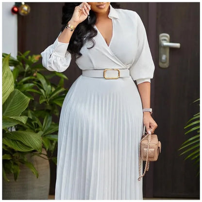 Pleated V-Neck Belted Midi Dress
