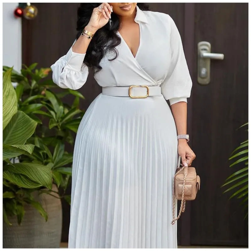 Autumn Pleated V-Neck Belt Midi Dress