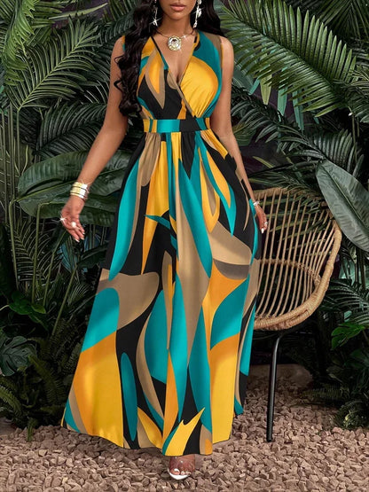V-Neck Abstract Print Maxi Dress