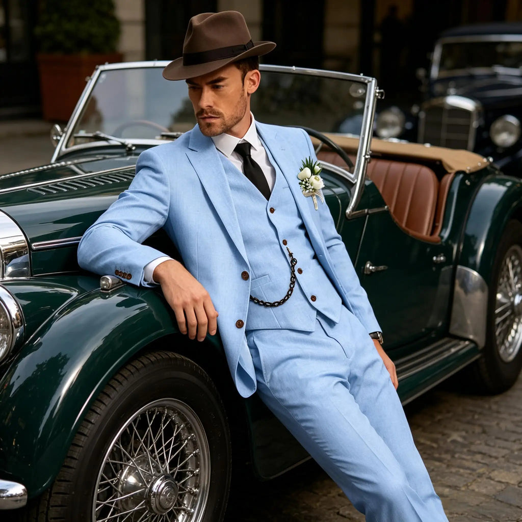 Three-Piece Linen Notch-Lapel Suit