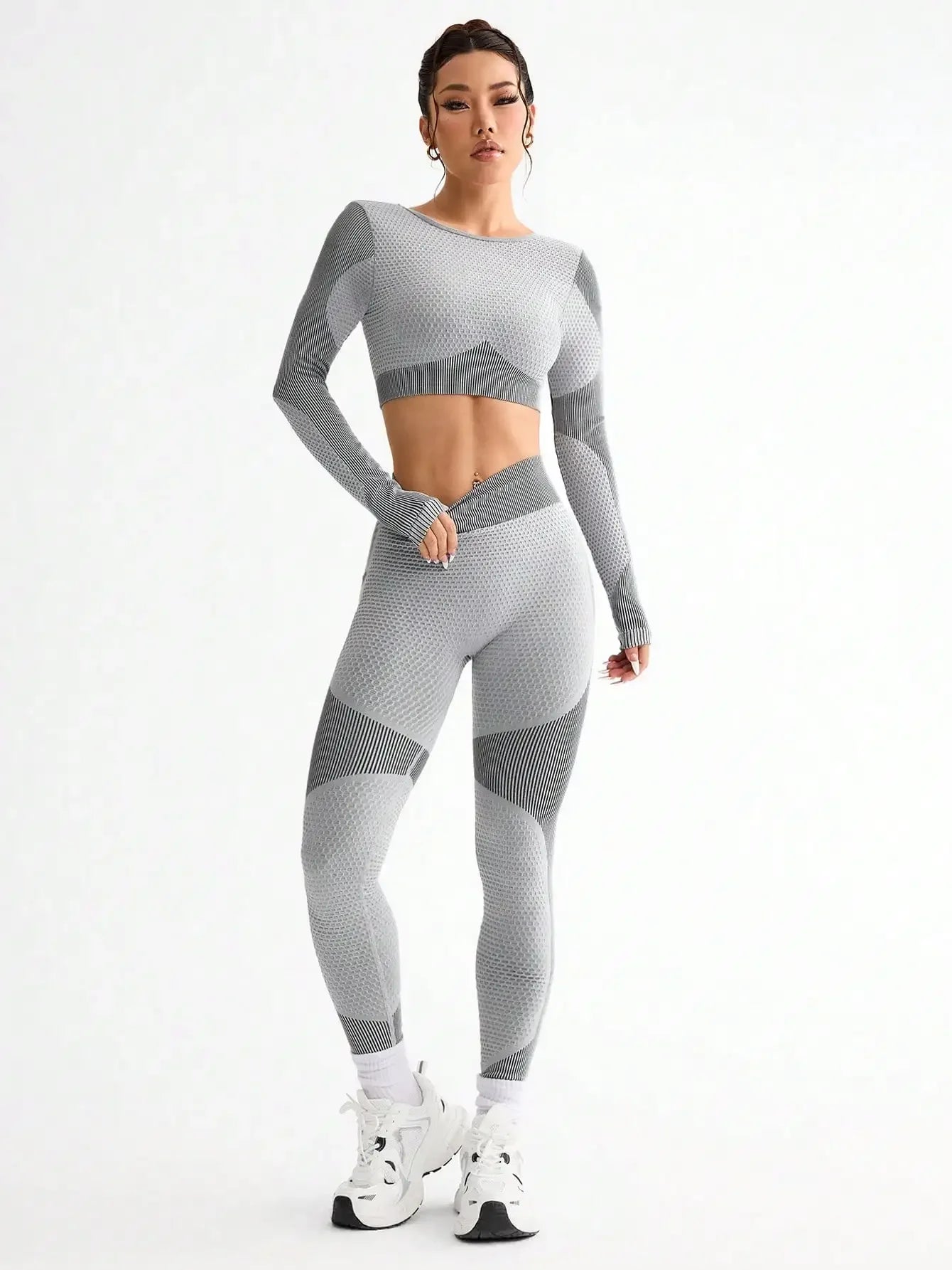 Polyester Striped Three-Quarter Sleeve Two-Piece Yoga Set