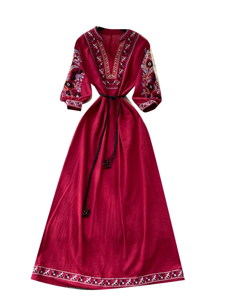 Retro Embroidered V-Neck Dress