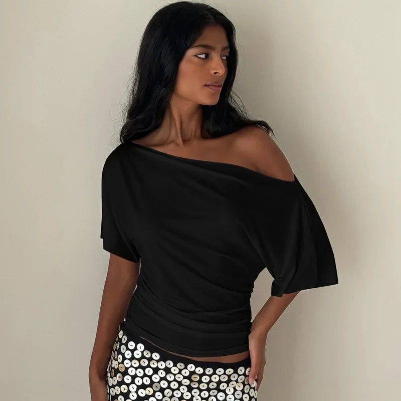 Polyester Solid Asymmetric Collar True-To-Size Fit Top