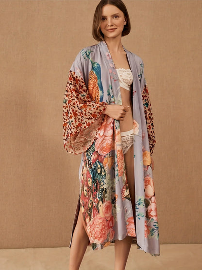 Peacock Print Beach Kimono