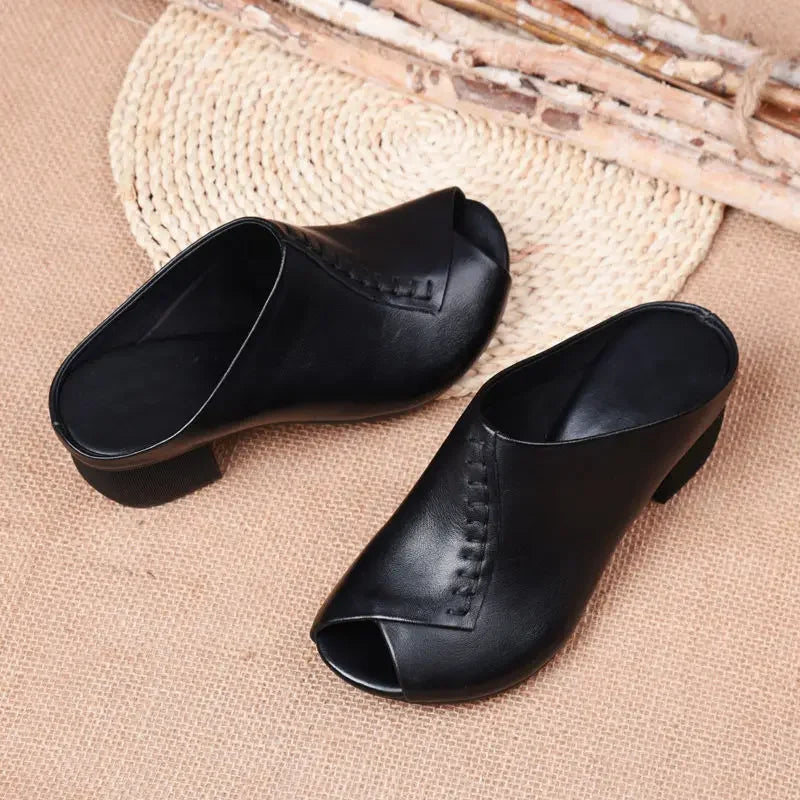 Thick-Heeled Leather Sandals