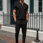 Waffle Zipper Polo Shirt Trousers Set
