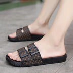 Double-Button Geometric Print Slippers