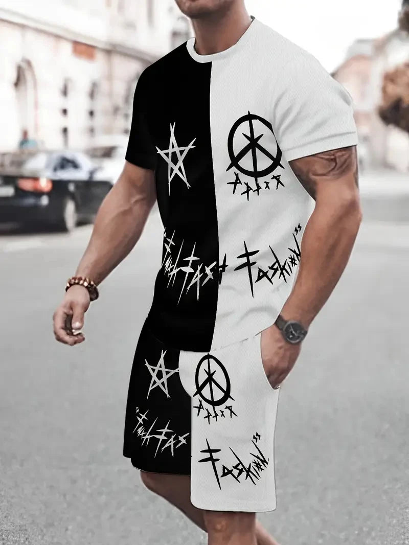Letter Print Elastic Waist Shorts Set