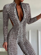 Silver Snakeskin Backless Sporty Jumpsuit