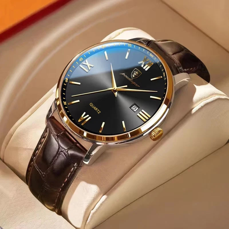 POEDAGAR Gold Leather Quartz Watch