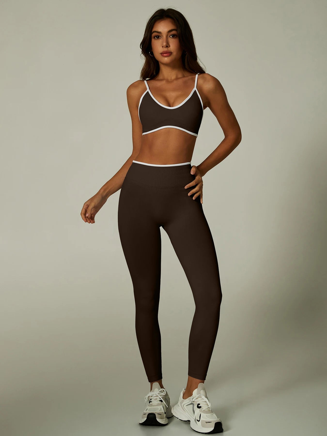 Nylon Solid Elastic Waist Two-Piece Yoga Set