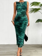 Printed Round-Neck Split-Hem Dress