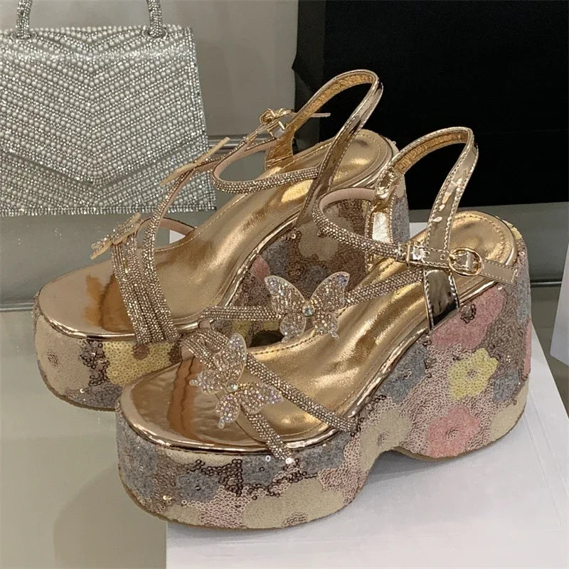 Women Sequin Butterfly Wedge Sandals