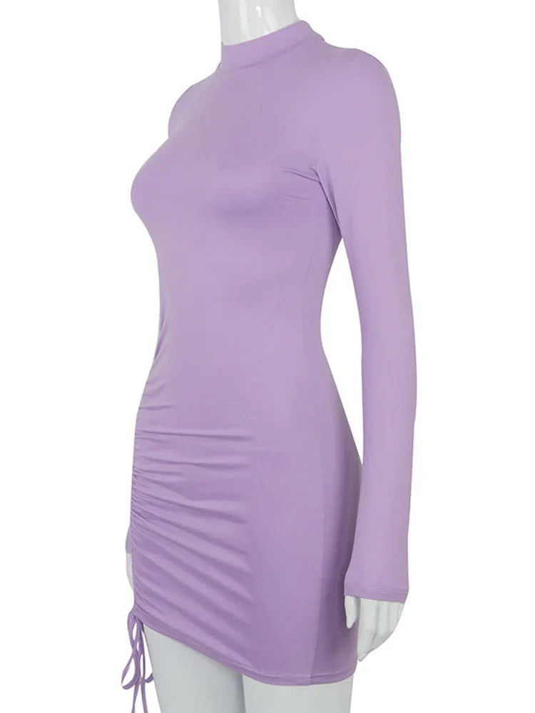 Long Sleeve Ruched Turtleneck Bodycon Mini Dress