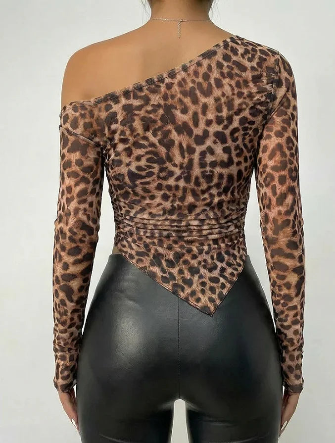 Polyester Leopard Print Long Sleeve Top