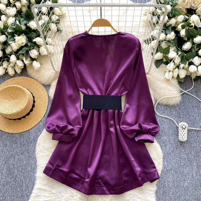 Satin V-Neck Ruched Mini Dress