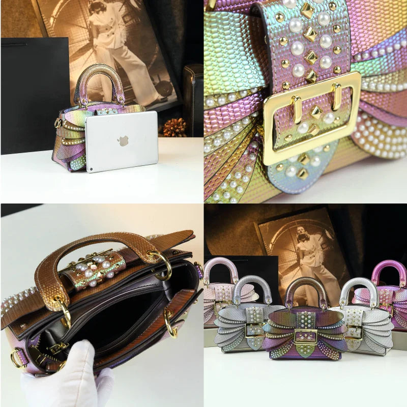 Pearl Rivet Leather Shoulder Bag