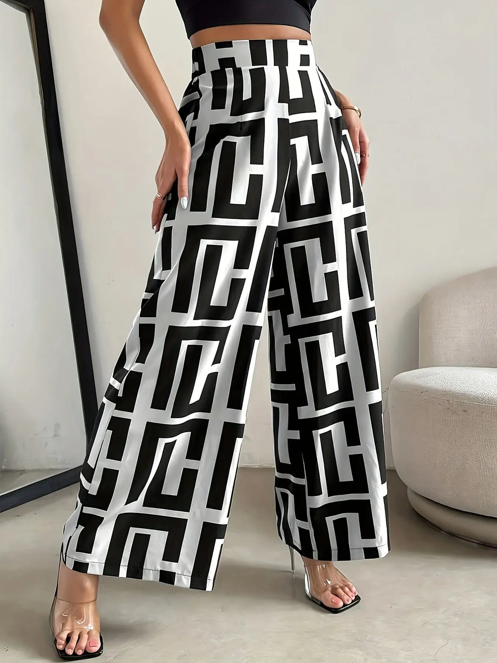 Checkered Print Bohemian Wide-Leg Pants