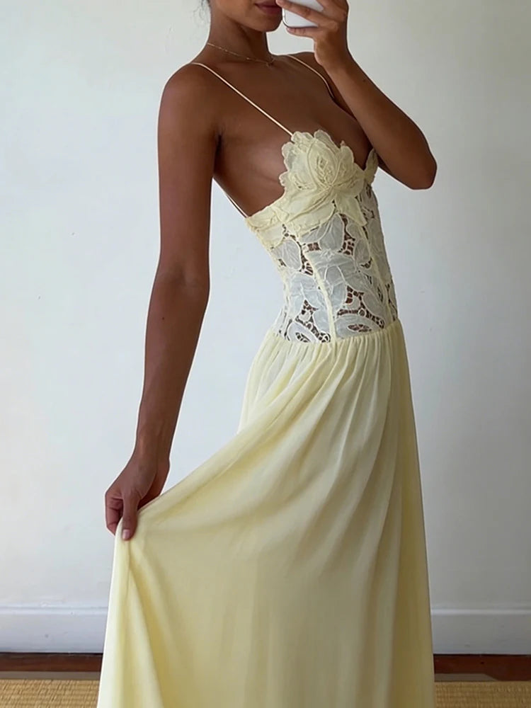 Hollow-Out Lace Patchwork Maxi Dress