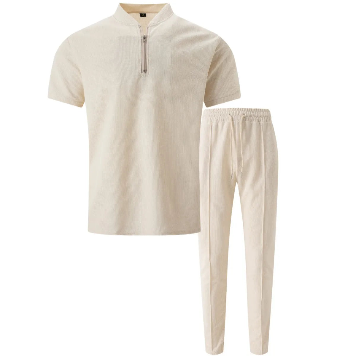 Waffle Zipper Polo Shirt Trousers Set