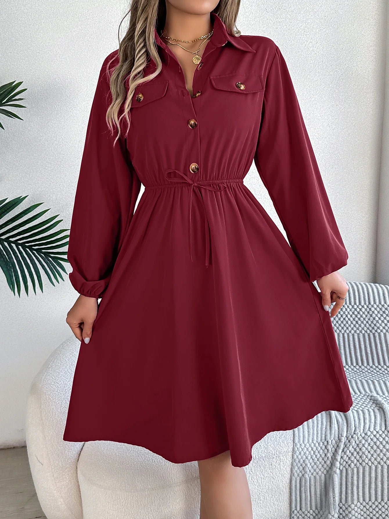 Autumn Winter Button-Up Tie Waist Shirt Dress