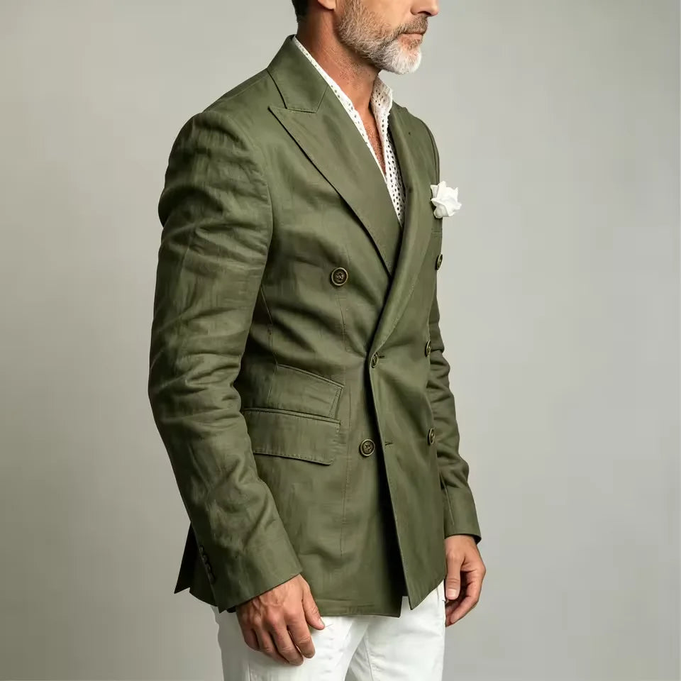 Linen Peak-Lapel Double-Breasted Blazer