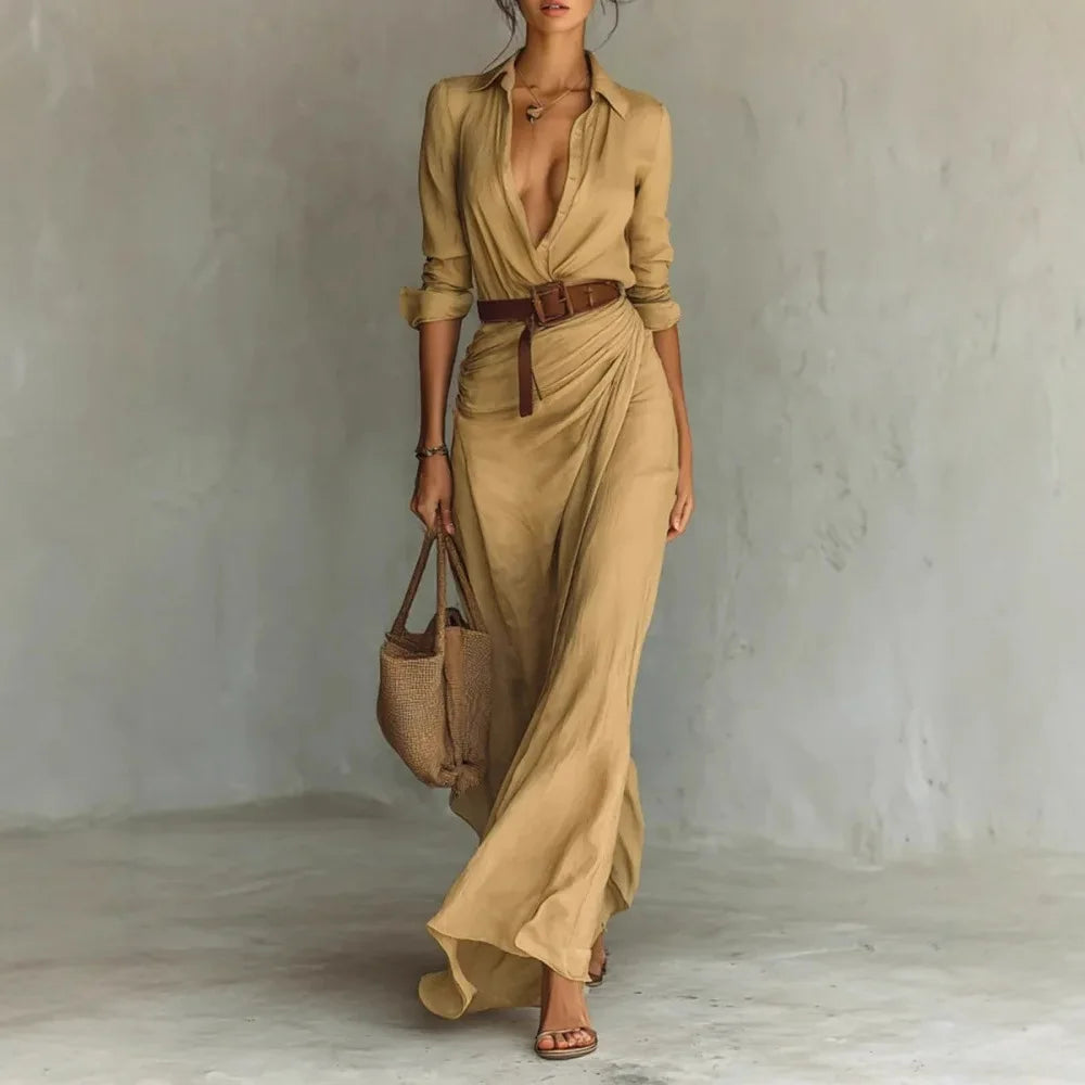 Deep V-Neck Belted Long Dress