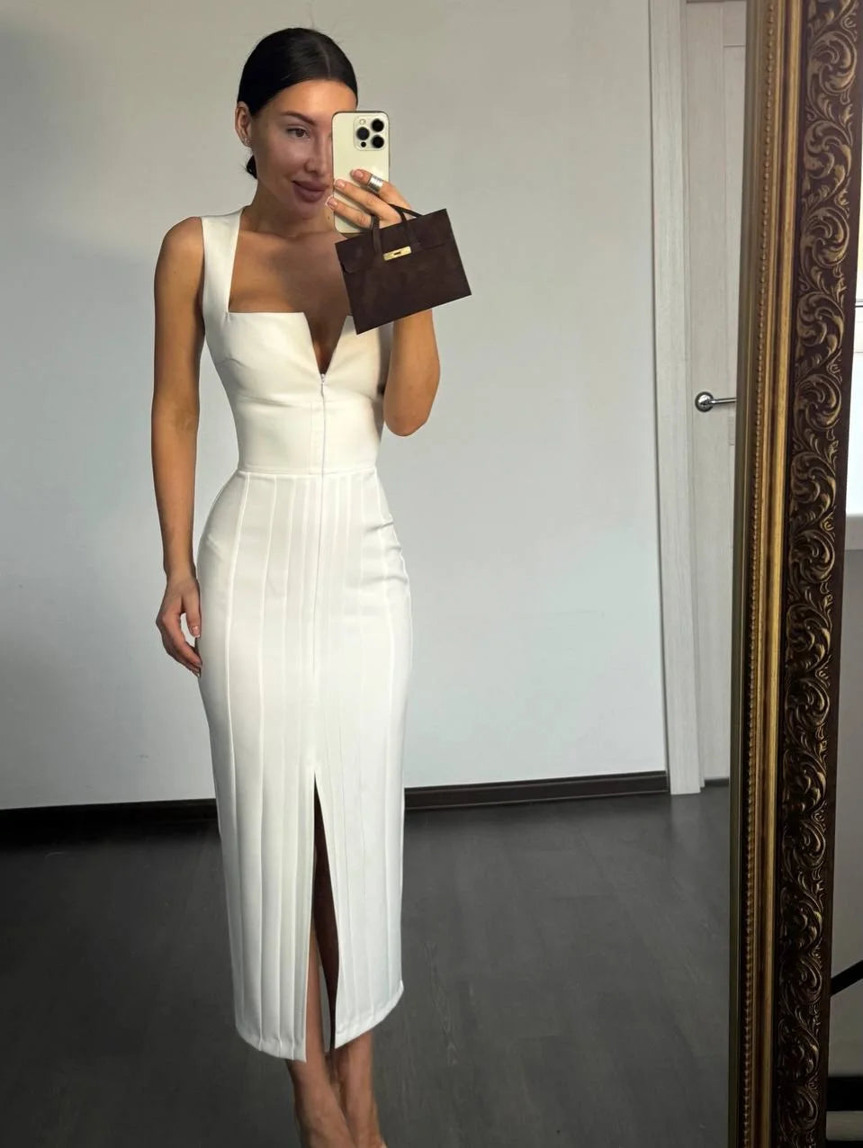 Square-Neck Zip-Up Split Dress