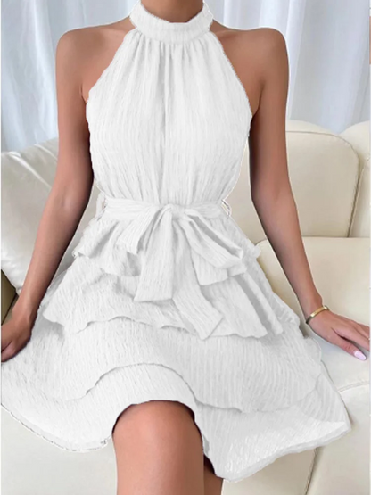 Stylish Sleeveless Shoulder Multi-Layered Ruffle Dress