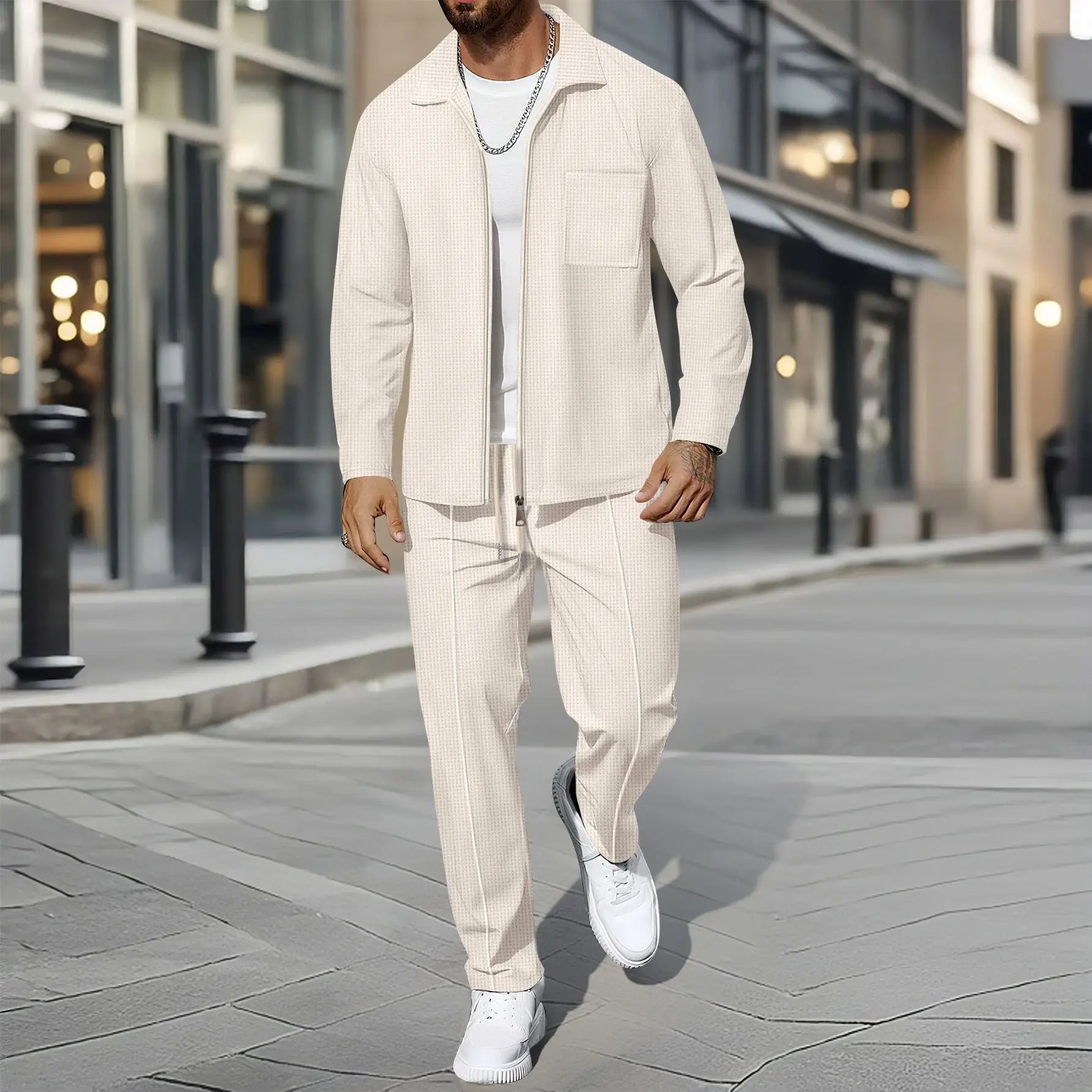 Waffle Zip Shirt Coat Trousers Set