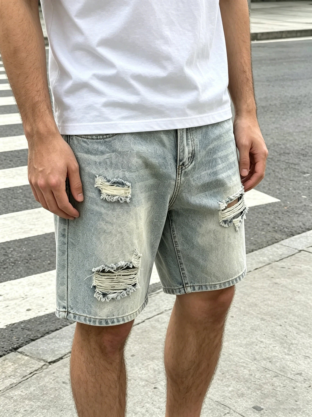 Light Wash Ripped Denim Shorts