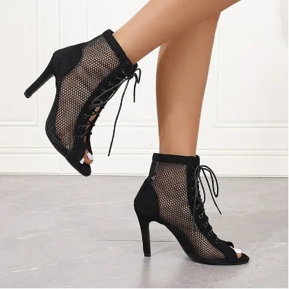 Lace-Up Mesh Stiletto Sandals